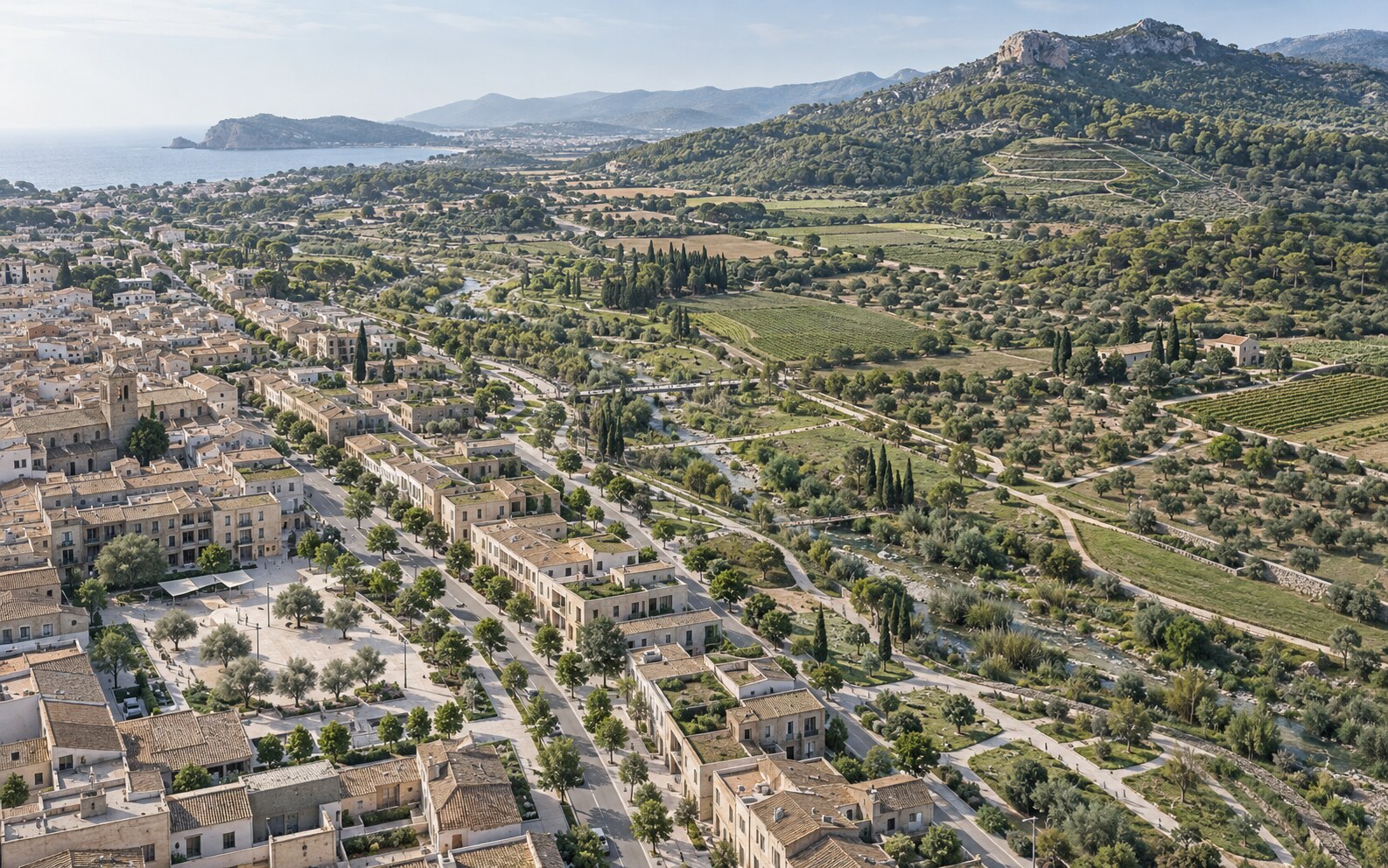 Vista aérea de un entorno mediterráneo donde el tejido urbano se integra con corredores verdes, paisaje agrícola y relieve natural